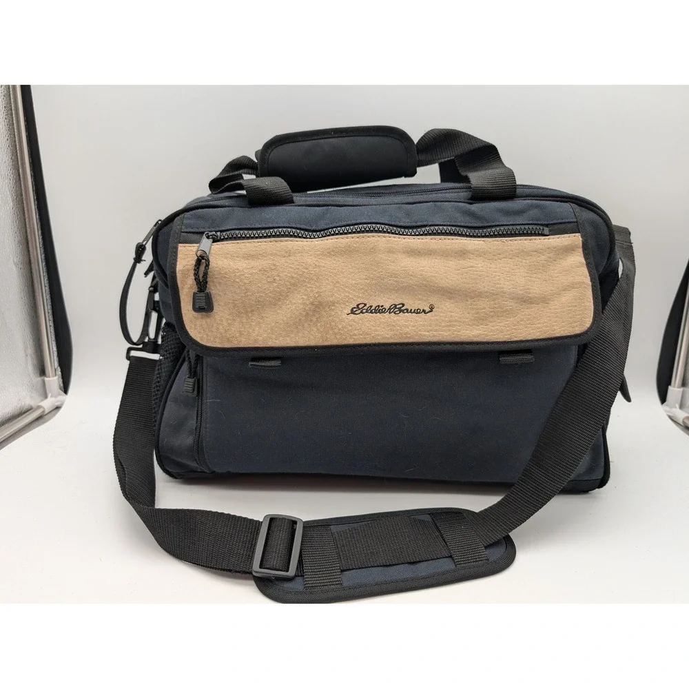 Eddie Bauer Navy Blue Canvas Diaper Bag Messenger Travel Tote Tan Trim Pockets